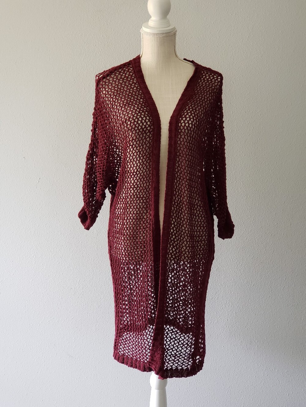 Brandy Melville Carolina Open-Weave Long Cardigan Burgundy Maroon One Size